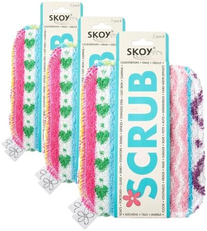 Skoy Scrub, 6-Pack Reusable, Non-Scratching Dish Scrubber for Kitchen and Household Cleaning, Planet-Friendly, Dishwasher Safe Soft Scrub, Assorted Colors and Designs by Skoy