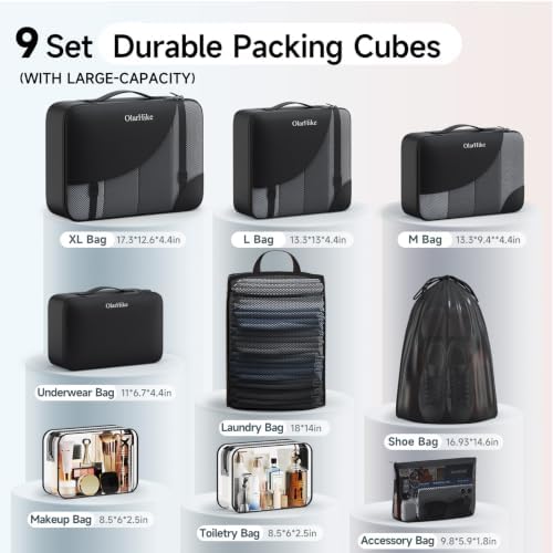 OlarHike Packing Cubes for Travel,Gifts for Women Mom,Anti-Tearing Suitcase Organizer for Luggage with Shoe & Hanging Toiletry Bag,Vacation Essentials & Accessories for Cruise Ship,9 Set,Black - Image 2