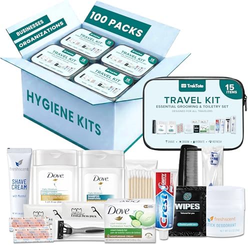 Complete 15 Piece Unisex Travel Hygiene Kit with Toiletries & Personal Care Essentials, TSA-Compliant, Individually Packaged in Clear Bag, Single or Bulk Packs (100 Pack) by TrekTote