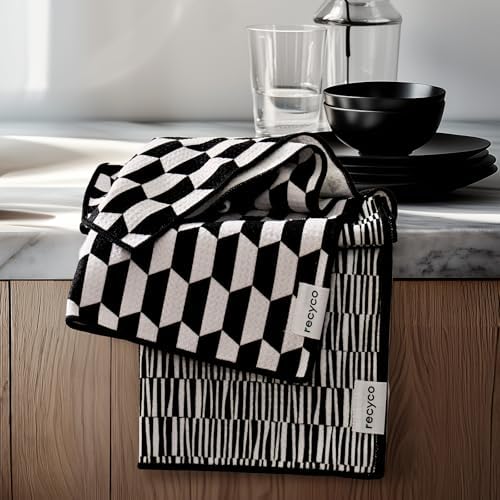 RECYCO Waffle Kitchen Towel Set of 2 - Quick Dry Microfiber Sustainable Dish Towels - Ultra Absorbent Reusable Cleaning Tea Towels - Lightweight Hand Towels,16”x 28”, Black & White Mirage by RECYCOHOMECOLLECTION