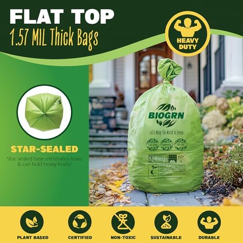 30-33 Gallon Compostable Trash Bags Flat-Top 30 Bags Heavy Duty1.57 Mil, 124.92 Liter Large Lawn and Yard Waste Bag green for Outdoor Garden ASTM D6400, US BPI and OK Compost Home Certified - Image 3