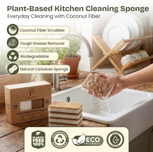 Kitchen Sponges 10 Pack - Natural Cellulose Sponge with Coconut Scrubber - Plant Based Sponges - Biodegradable Kitchen Sponge - Non-Scratch Sponges for Dishes - Eco Friendly Kitchen Sponges - Image 2