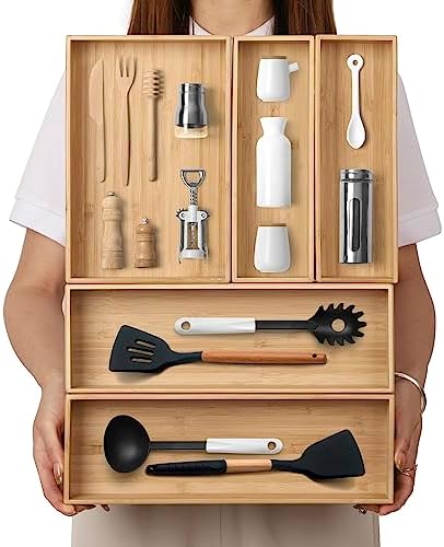 BAMOTTO CRAFTBAMBOO Stackable Bamboo Drawer Organizer Set of 5 for Kitchen by BAMOTTOCRAFTBAMBOO