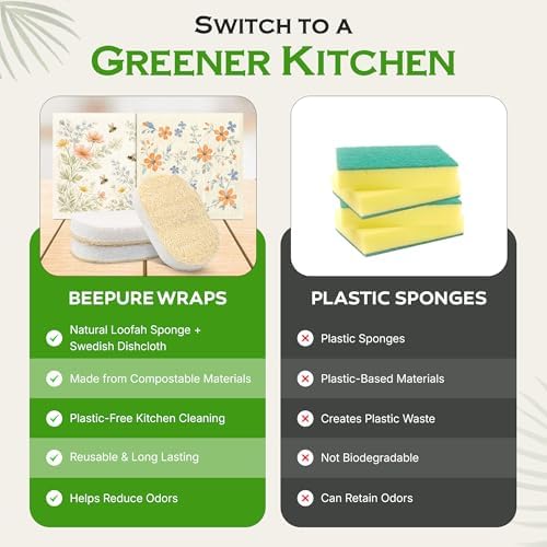 BeePure Eco-Friendly Kitchen Cleaning Bundle - 5 Reusable Swedish Dishcloths & 3 Kitchen Sponges, Absorbent Cellulose Cloths, Washable Paper Towel Alternative - Image 7