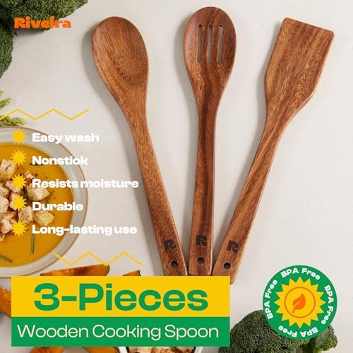 Riveira Walnut Wooden Spoons for Cooking Set of 3 – Natural Walnut Wooden Cooking Utensils, Spatula, Spoon - Premium Quality Utensil Set for Non-Toxic Cooking - Image 3