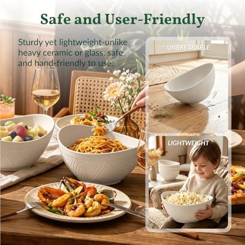 Homienly Salad Bowls Set of 6, 60 OZ Large Wheat Straw Bowls for Kitchen, Camping, Party, Unbreakable Lightweight Popcorn Bowl, Microwave and Dishwasher Safe Bowl Set with Unique Texture - Beige - Image 6