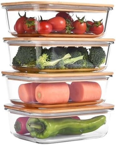 Vdomus Glass Food Storage Containers with Bamboo Lids 36.0oz/1.0L - Stackable Meal Prep Container - Airtight Glass Food Containers - Microwave, Dishwasher Safe - Reusable Lunchbox (Pack of 4) by Vdomus