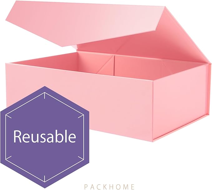 PACKHOME 6 Large Gift Boxes with Lids 13.5x9x4.1 Inches, Sturdy Collapsible Gift Boxes with Magnetic Closure (Glossy Pink)