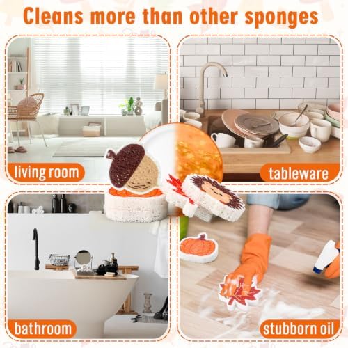 Whaline 8Pcs Fall Kitchen Sponges Pumpkin Maple Leaves Acorn Hedgehog Water Absorbing Dish Washing Sponge Non Scratch Cleaning Scrubbers for Autumn Thanksgiving Home Kitchen Decor - Image 4