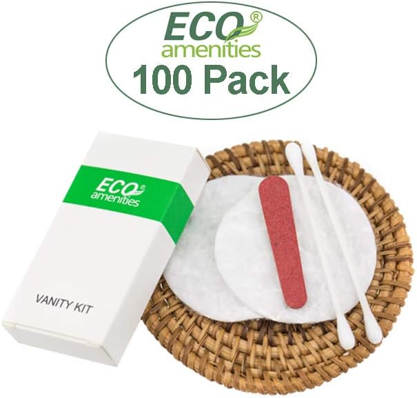 ECO amenities Cotton Rounds Travel Set - Individually Wrapped Cotton Swabs - Disposable Nail File Kit - Bulk Hotel Vanity Kit - 500-Piece Set, White