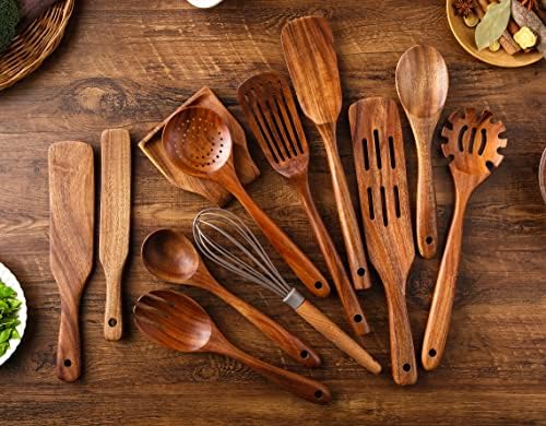 Kitchen Utensils Set, NAYAHOSE 12 Pcs Teak Wooden Cooking Spoons Spatula Spurtles Kit with Spoon Rest Whisk, Non-stick Natural Kitchen Tools - Image 4