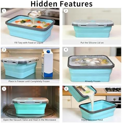 Collapsible Silicone Food Storage Containers Set, 4PCS Foldable Lunch Boxes with Lids & Air Vent, 27oz Multifunctional Travel Food Containers, Bento Boxes, Blue - Image 3