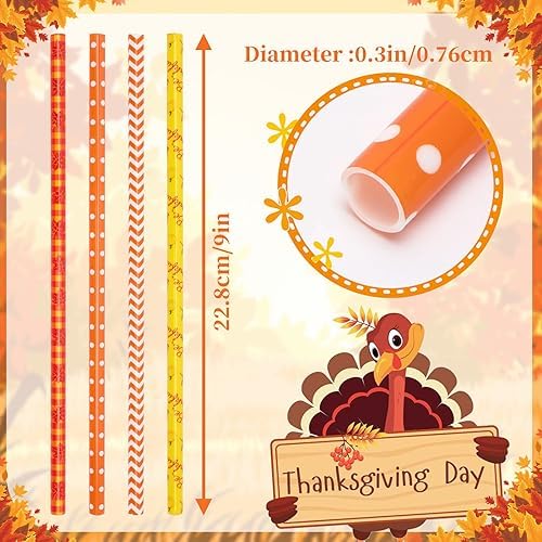 JANYUN 30 Pieces Fall Straws, 9inch Hard Platic Reusable Thanksgiving Drinking Straws Autumn Maple Leaf Pumpkin Straw for Family Party Favors Supplies Cleaning Brush (Orange & Yellow) - Image 2