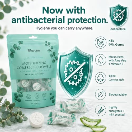 Eucalyptus & Mint Compressed Towels for Travel & Camping – Antibacterial Instant Expandable Face Towels, Biodegradable Disposable Cotton, Pack of 25 - Image 2
