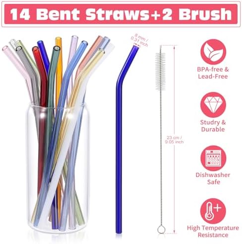 14 Pcs Reusable Bent Colorful Glass Straws,9''x8 mm Shatter Resistant Cute - Image 2