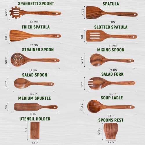 12 Pcs Teak Wooden Utensils Set, Wooden Spoons for Cooking - Image 4
