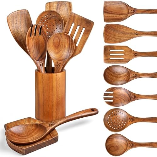 9Pcs Wooden Spoons for Cooking, Wooden Utensil Set with Holder & Spoon Rest by Unknown