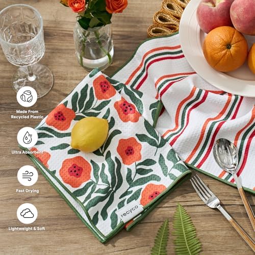 RECYCO Waffle Kitchen Towel Set of 2 - Quick Dry Microfiber Sustainable Dish Towels - Ultra Absorbent Reusable Cleaning Tea Towels - Lightweight Hand Towels,16”x 28”, Poppy Waves - Image 2