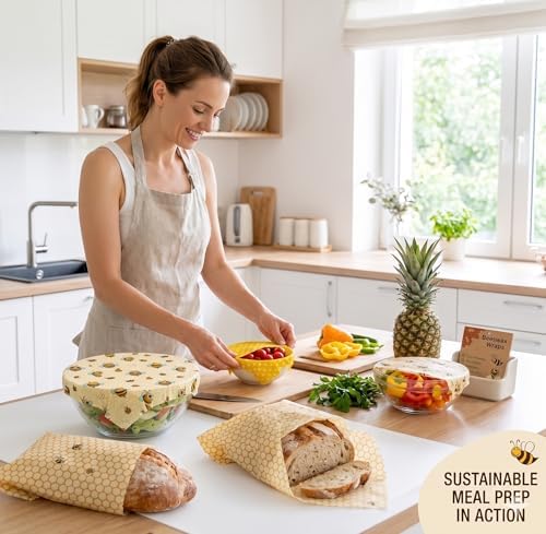 Beeswax Wraps for Food - 9 Pack Reusable Food Wraps | Sustainable, Plastic-Free Alternative to Plastic Wrap & Foil | Sandwich, Cheese, Bread & Bowl Covers for Eco-Friendly Food Storage - Image 4