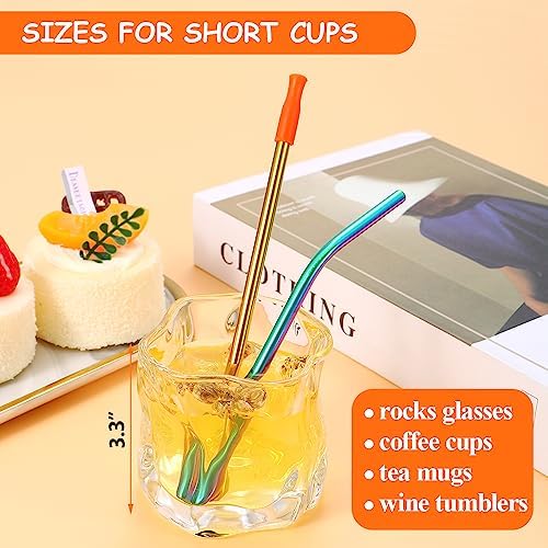 Lazycorner 16 Pcs Short Metal Straw, 6mm 5.5" 6.5" Kids Reusable Straw Silicone Tips Cleaner, Mini Small Stainless Steel Straws Fit 8 10 12 oz Tumbler/Wine Tumblers, Reusable Cocktail Straws(Rainbow) - Image 3