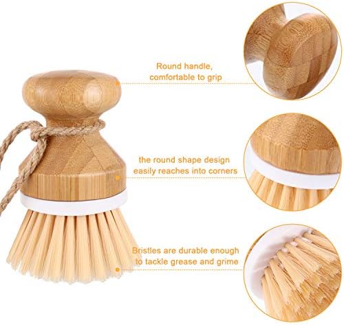 Boao 3 Pieces Bamboo Dish Scrub Brush and 1 Holder Natural Wooden Kitchen Cleaning Scrubbers Durable Bamboo Palm Household Pot Scrubber Brush for Dishes Pots Pans Kitchen Sink Cleaning - Image 3