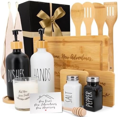 Happy Banana House Warming Gifts New Home – Home Essentials for New Home Gift Set Includes Scented Candle, Bamboo Cutting Board, Soap Set, Towels, Salt and Pepper Shaker – Luxury New House Must Haves by Happy+Banana