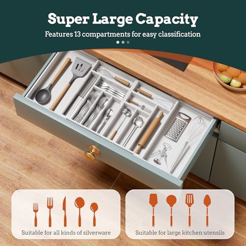 Magnetic Expandable Silverware Drawer Organizer, 13 Slots Utensil White - Image 2