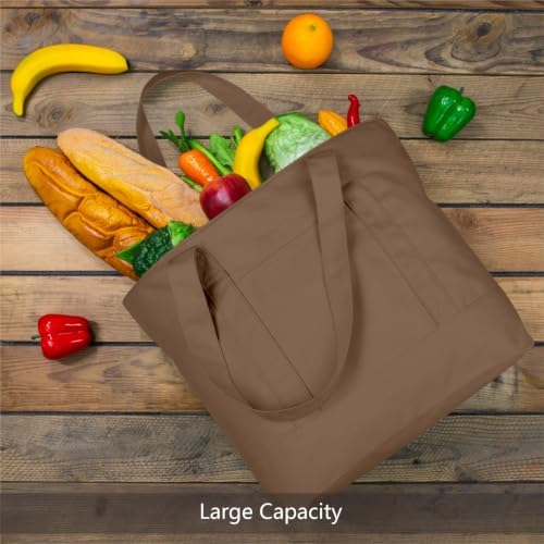TOPDesign 6-Pack Canvas Tote Bags with an External Pocket, Reusable Grocery Shopping Bags, Top Zipper Closure, Daily Essentials (Brown) - Image 3