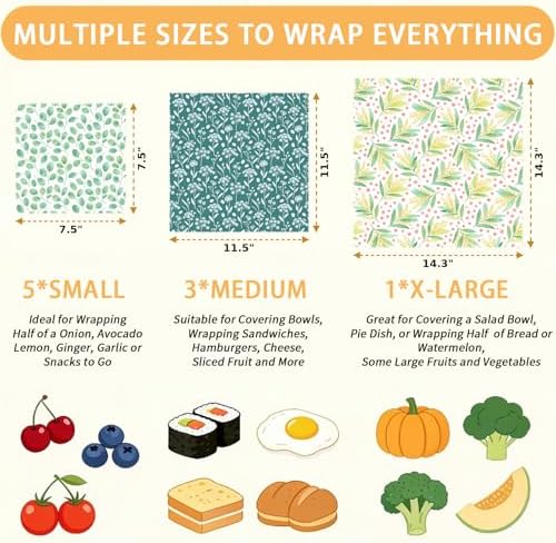 Reusable Beeswax Wraps, Leaves & Flowers Wraps, 9 Pack Eco-Friendly Food Storage, Organic Cotton, Sustainable, Zero Waste, Plastic-Free, Sandwich, Snack, Bowl Covers, 1XL, 3M, 5S - Image 2