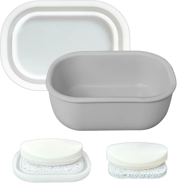 Leakproof Silicone Travel Soap Case with Drainage Layer, Silicone Bar Soap Holder Compact Portable Shatterproof Soap Container Box for Bathroom Gym Camp Travel Toiletries (Gray, Clear Lid)