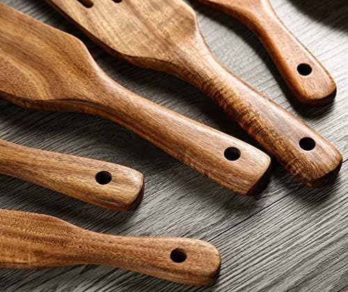 Wooden Spurtles Set with Holder, Natural Teak Kitchen Utensil Set of 6, Heat Resistant Non Stick Wood Cookware with Hanging Hole, Wood Spurtles Spatula Sets for Stirring, Mixing, Serving - Image 5