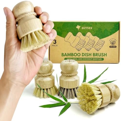 AIRNEX Bamboo Dish Brush Set of 3 - Natural Wooden Dish Scrubber w/Medium Stiff Sisal & Coconut Bristles - Kitchen Scrub Brush for Dishes, Pots & Pans - Plastic Free, Non Scratch Bristles by Airnex