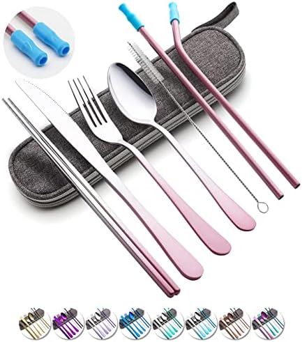 Travel Utensils Set with Case Reusable Portable Cutlery Set Stainless Steel 8pcs Including Dinner Knife Fork Spoon Chopsticks straws(Gradient Pink) by OASMU