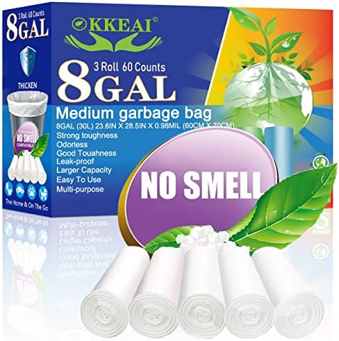 OKKEAI 8 Gallon Garbage Bags, White Trash Bags for Kitchen Waste, 60 Count by SmallTrashBags