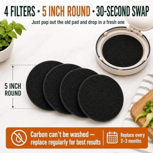 5 Inch Charcoal Compost Bin Filter - 4 Pack Countertop Replacement Set 5 Inch Round Activated Charcoal Filters, Four Pack, Drop in Replacement, Odor Control, Countertop Bin, Kitchen Use - Image 2