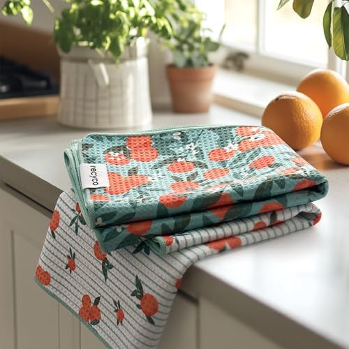 RECYCO Waffle Kitchen Towel Set of 2 - Quick Dry Microfiber Sustainable Dish Towels - Ultra Absorbent Reusable Cleaning Tea Towels - Lightweight Hand Towels,16”x 28”, Clementine Grove by RECYCOHOMECOLLECTION