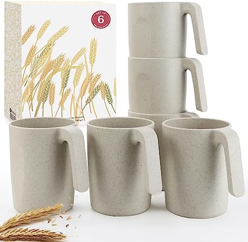 Wrova 16oz Wheat Straw Cups with handles set of 6-Plastic Cups Reusable-Unbreakable Kids Mugs-Dishwasher Safe & Microwave Safe-Ideal Plastic Mugs for Tea,Coffee,Camping,RV-Beige by WROVA