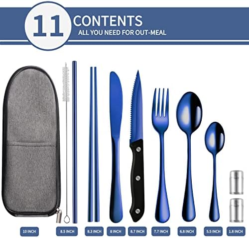 Logcow Travel Utensils Set with Case, 10-Piece Reusable Stainless Steel Camping Cutlery, Portable Fork Spoon Knife Chopsticks & Straw for Work, Lunch, Picnic (Blue) - Image 2