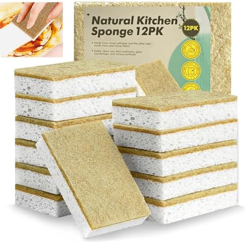 Natural Kitchen Sponges, 12 Pack Eco Biodegradable Compostable Coconut Fiber & Cellulose Heavy Duty Scrub Sponge for Dishes, Organic Non-Scratch Cleaning Sponges for Non Stick Cookware, Pots by YeahWhee