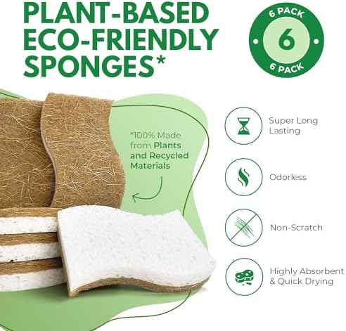 AIRNEX Natural Kitchen Sponges (6 Pack) - Biodegradable Cellulose & Coconut Scrubber Dish Sponges for Kitchen - Eco-Friendly, Non Scratch, Compostable, Non Toxic S-Shaped Natural Sponges for Dishes - Image 3