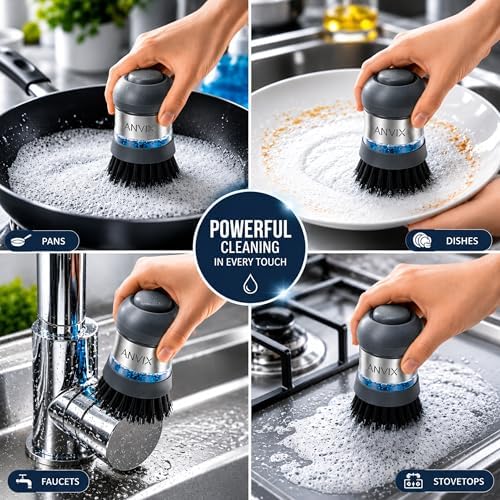 Soap Dispensing Palm Brush 2 Pack, Dish Scrubber with Built in Soap Dispenser, Stainless Steel Body, Replaceable Brush Head, Non Scratch Nylon Bristles for Dishes, Pots, Pans, Nonstick Cookware - Image 5