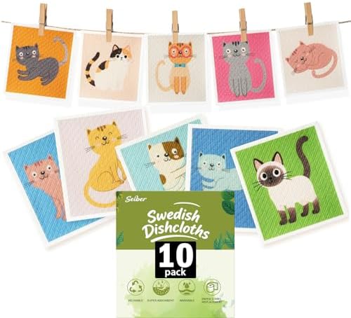 SEIBER Swedish Dishcloths for Kitchen Reusable,Cat,10 Packs by SEIBER