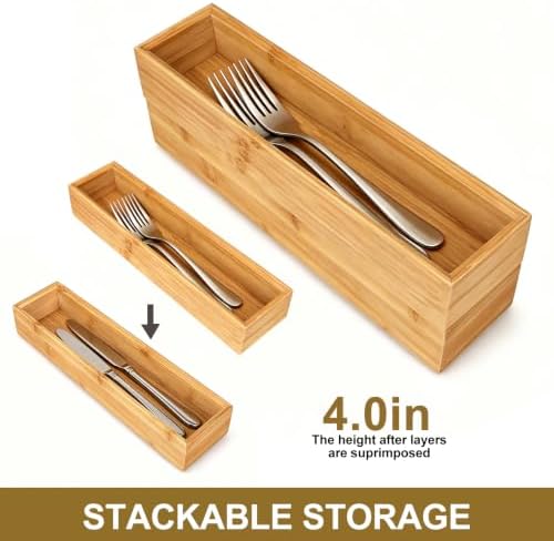 Kitchen Bamboo Drawer Organizer Set of 2, Small Narrow Stackable Drawer Organizer for Silverware, Utensils, Cutlery, Flatware, Junk Drawer, Dresser, Bathroom, 12" x 3" x 2" - Image 6