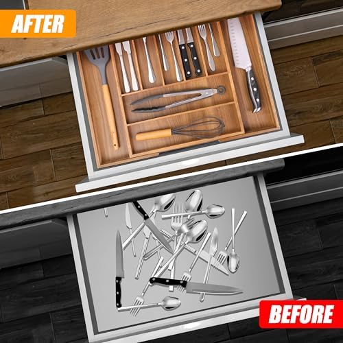 Bellsal Large Premium Acacia Wood Silverware Organizer - Expandable Utensil Drawer Organizer - 17"x19.6" Utensil Holder and Cutlery Tray with Grooved for Kitchen Flatware Utensils(7-9 Slot, Acacia) - Image 3