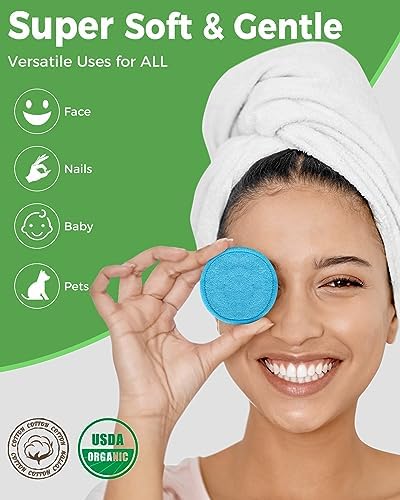 Reusable Makeup Remover Pads - 18 Packs Organic Reusable Cotton Rounds with Washable Laundry Bag for Toner Eco-Friendly Bamboo & Cotton Reusable Cotton Pads for Face All Skin Types (Blue-White-Green) - Image 3