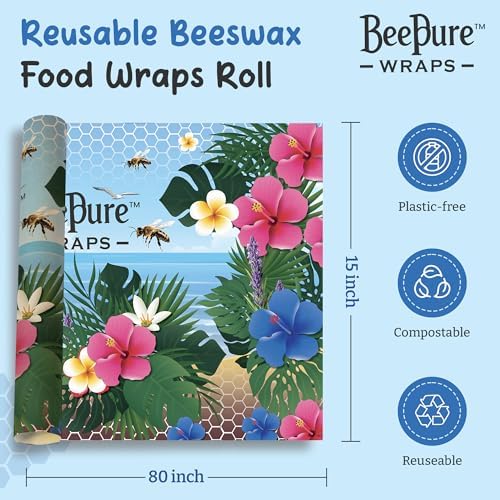 Reusable Beeswax Food Wrap Roll - Cut-to-Size 15 x 80 in, Eco-Friendly Food Storage Wrap, Tropical Island Design - Image 3