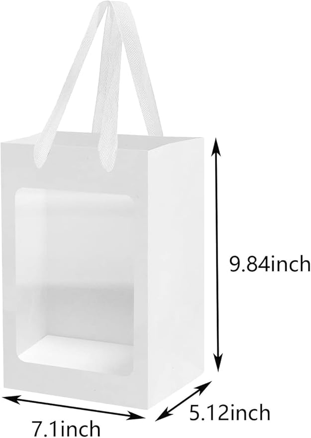 BallHull 40 Pcs White Paper Gift Bags with Transparent Window, 9.84"x7.0"x5.12" Kraft Shopping Bags with Handles for Bouquet Christmas Birthdays Festivals Party Weddings Wrapping
