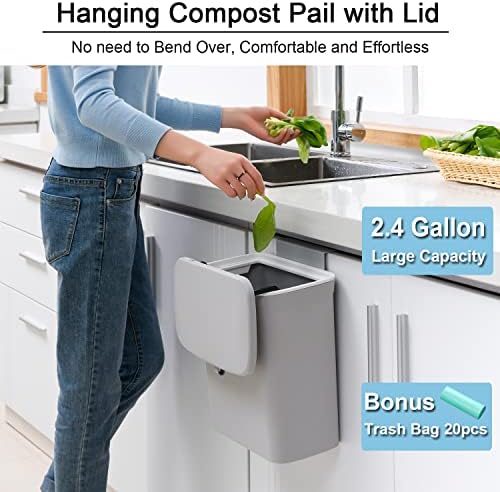 Tiyafuro 2.4 Gallon Kitchen Compost Bin for Counter Top or Under Sink, Hanging Small Trash Can with Lid for Cupboard/Bathroom/Bedroom/Office/Camping, Mountable Indoor Compost Bucket, Gray - Image 2
