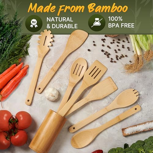 Bamboo Cooking Utensils Set 7 Pcs with Holder, Wooden Spoons for Nonstick - Image 4