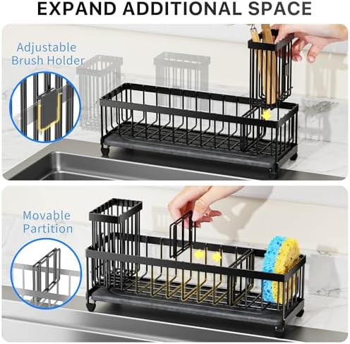 Cisily 10.62'' Sponge Holder for Kitchen Sink, Sink Caddy Organizer with High Brush Holder, Kitchen Countertop Organizers and Storage Essentials, Rustproof 304 Stainless Steel (Black with Stone Tray - Image 4